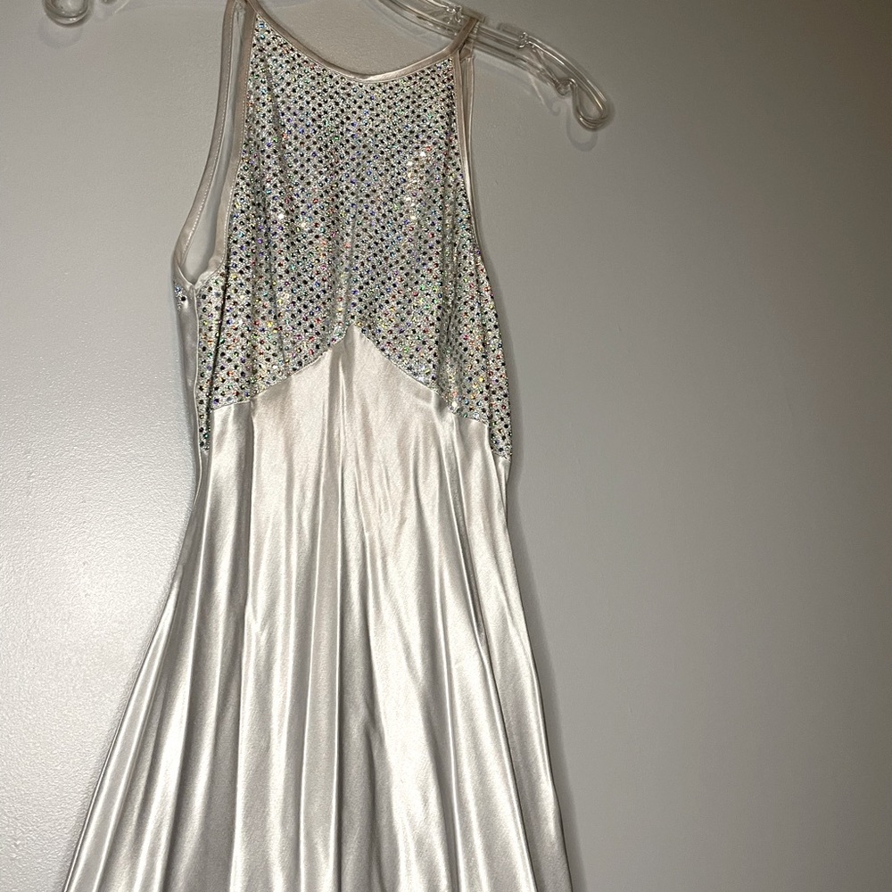 Silver Formal Dress with Sequin Top and Tie Back
